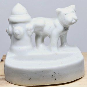 Vintage Glazed Porcelain/China Bulldog Peeing on Fire Hydrant Trinket Tray Japan